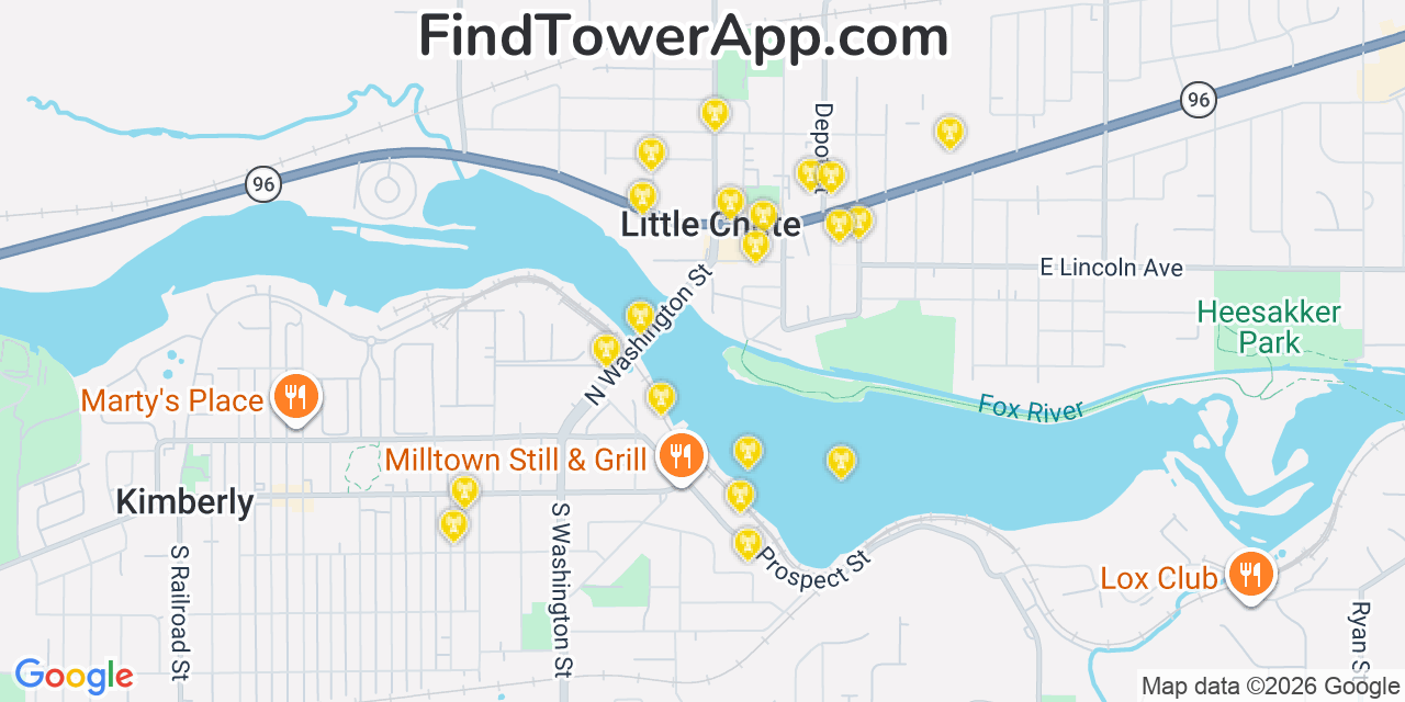 Map showing the 20 primary cell tower locations detected in Little Chute, Wisconsin from AT&T, Verizon, and T-Mobile networks