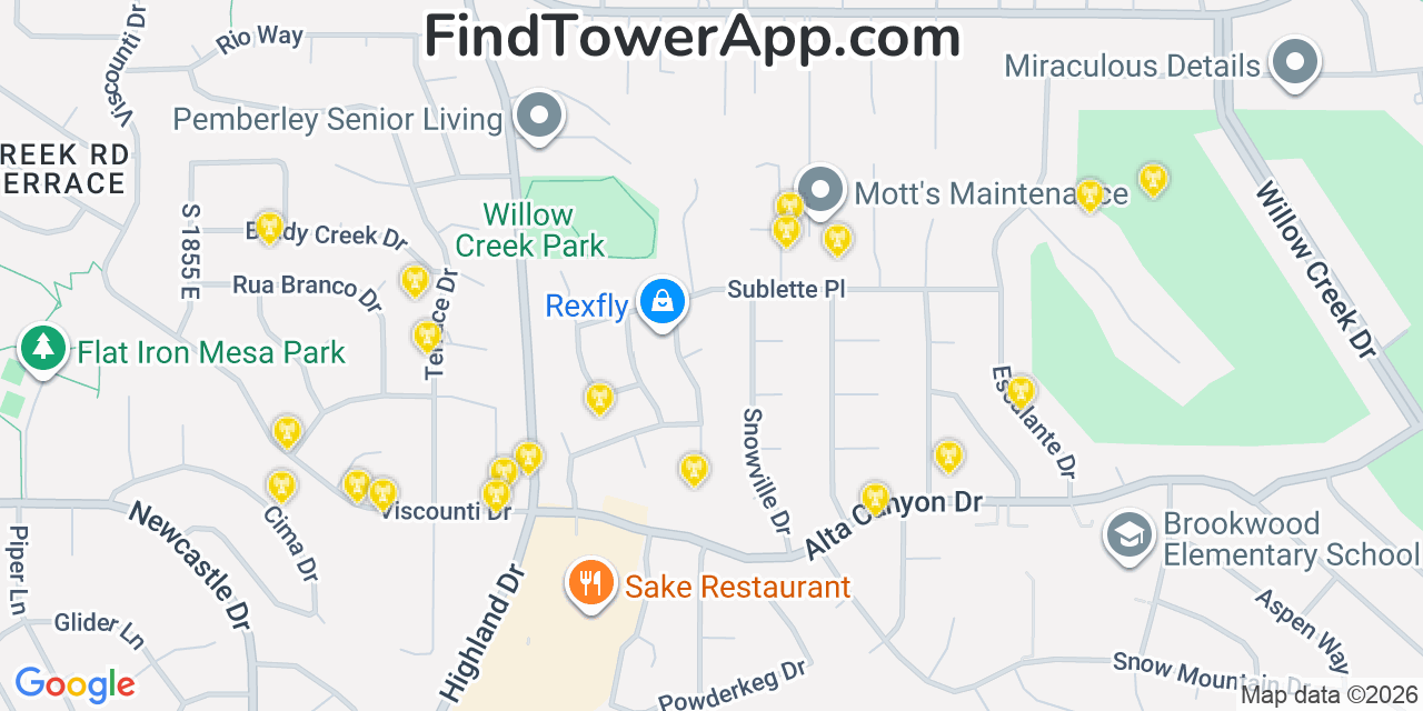 Map showing the 20 primary cell tower locations detected in Little Cottonwood Creek Valley, Utah from AT&T, Verizon, and T-Mobile networks