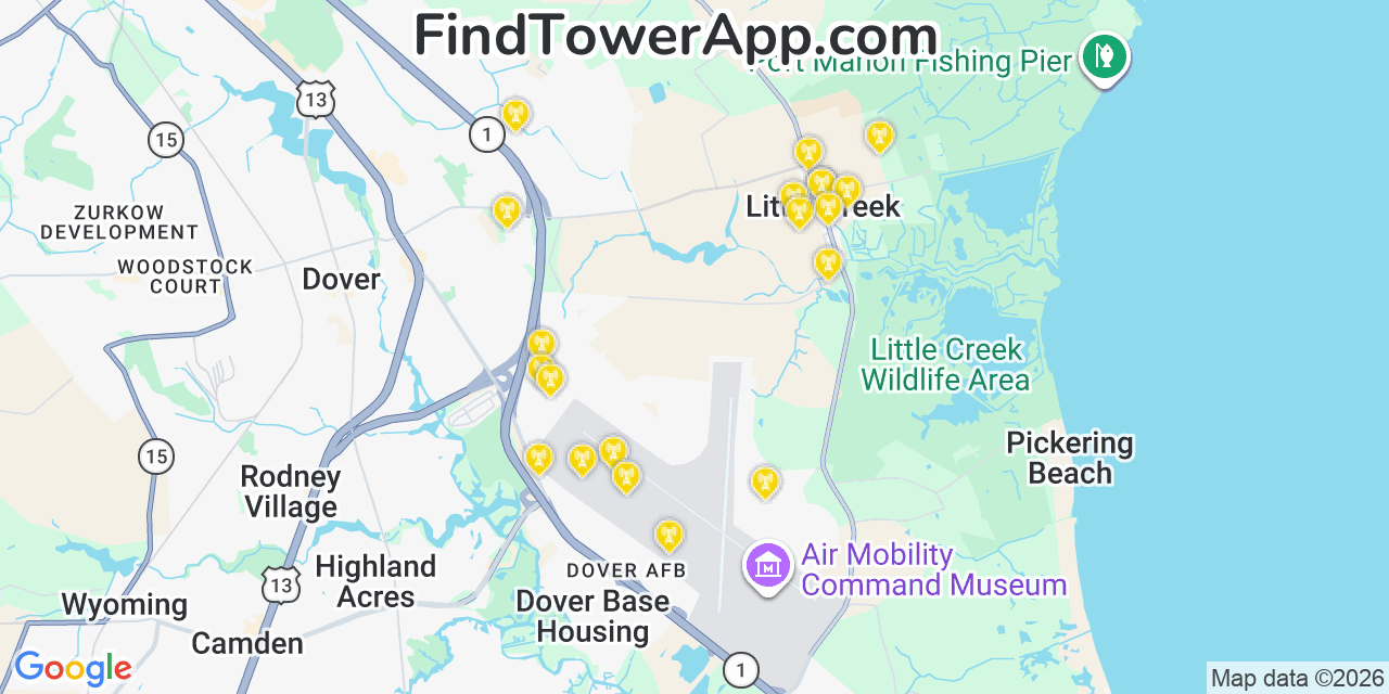 Map showing the 20 primary cell tower locations detected in Little Creek, Delaware from AT&T, Verizon, and T-Mobile networks