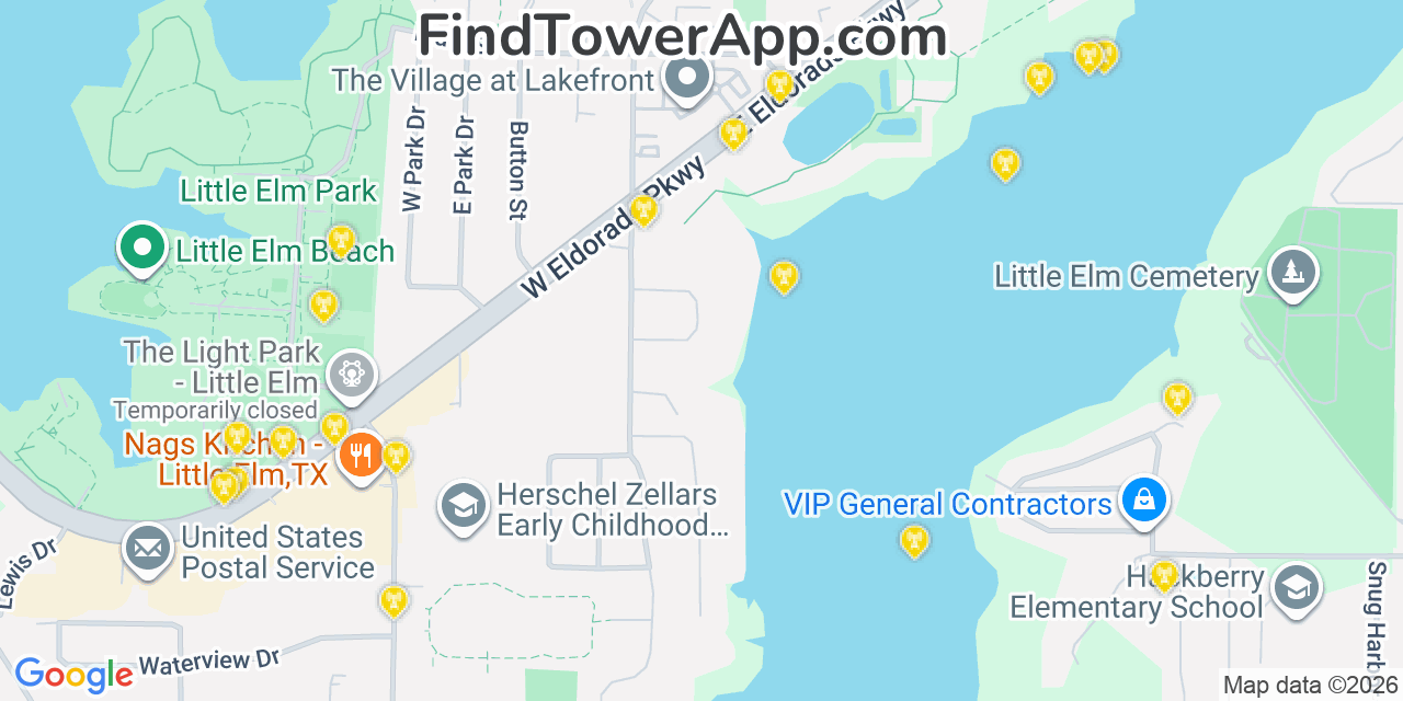 Map showing the 20 primary cell tower locations detected in Little Elm, Texas from AT&T, Verizon, and T-Mobile networks