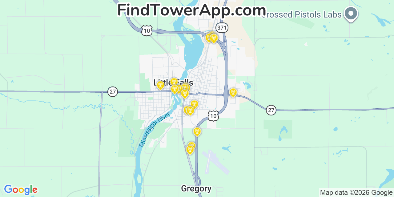 Map showing the 20 primary cell tower locations detected in Little Falls, Minnesota from AT&T, Verizon, and T-Mobile networks