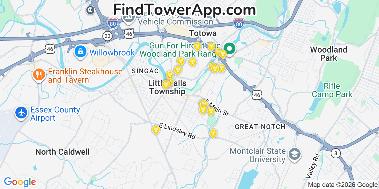 Map showing the 20 primary cell tower locations detected in Little Falls, New Jersey from AT&T, Verizon, and T-Mobile networks