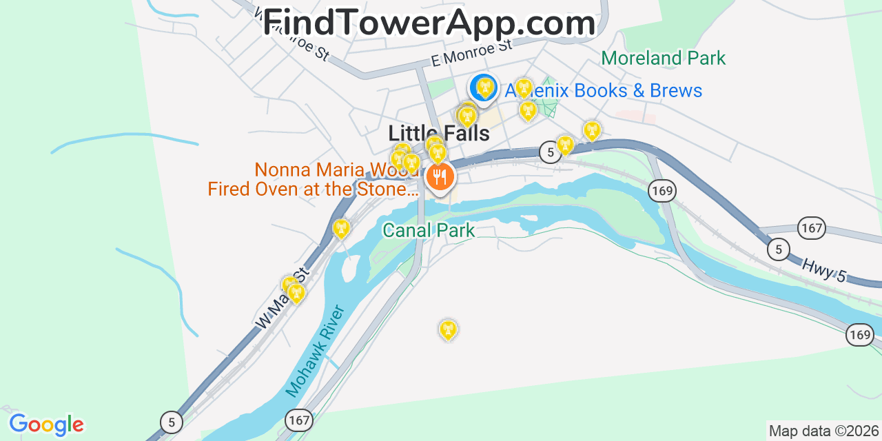 Map showing the 20 primary cell tower locations detected in Little Falls, New York from AT&T, Verizon, and T-Mobile networks
