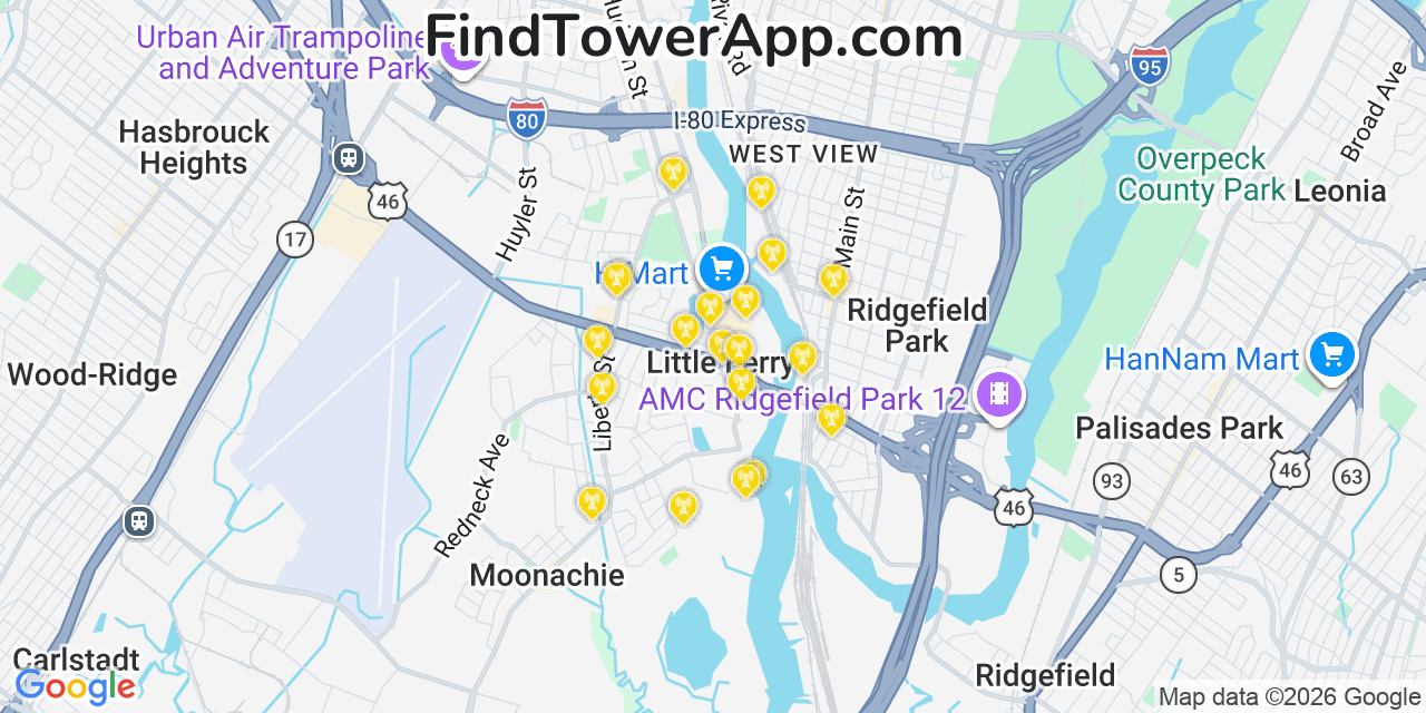 Map showing the 20 primary cell tower locations detected in Little Ferry, New Jersey from AT&T, Verizon, and T-Mobile networks