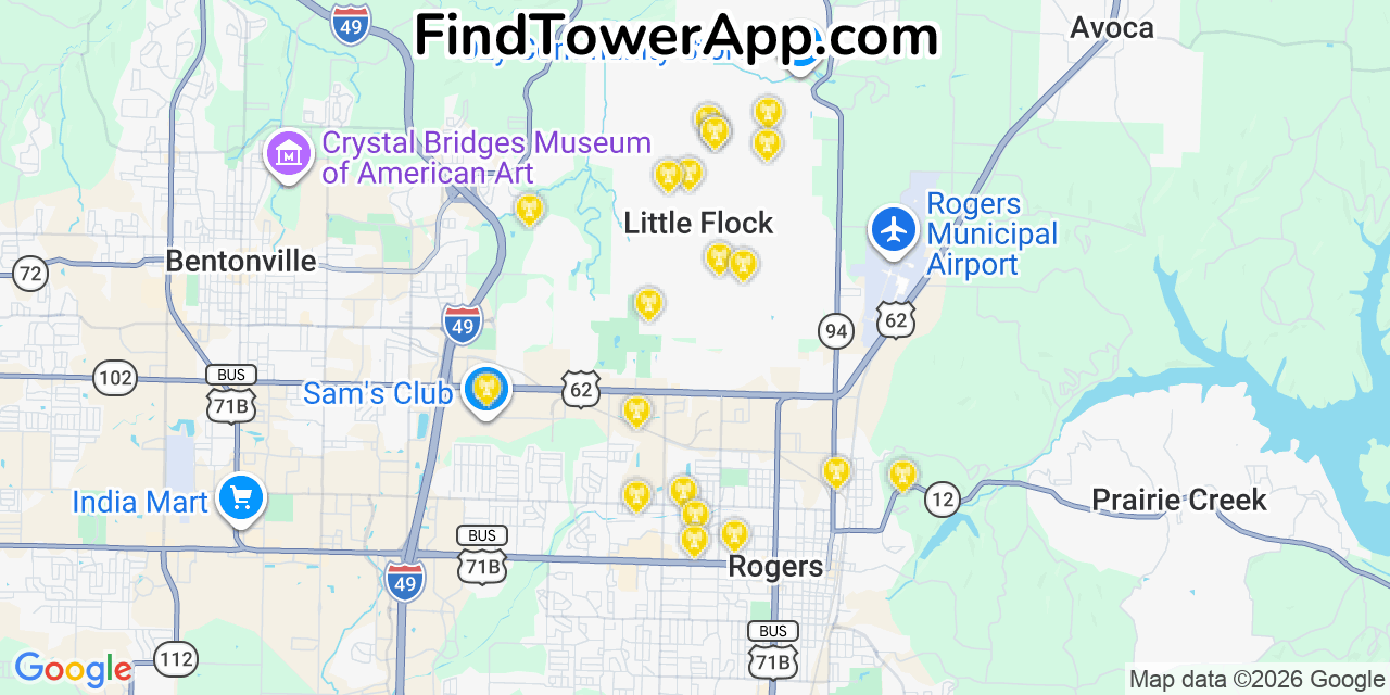 Map showing the 20 primary cell tower locations detected in Little Flock, Arkansas from AT&T, Verizon, and T-Mobile networks