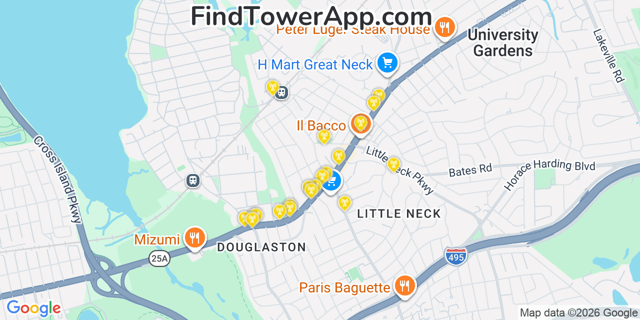Map showing the 20 primary cell tower locations detected in Little Neck, New York from AT&T, Verizon, and T-Mobile networks
