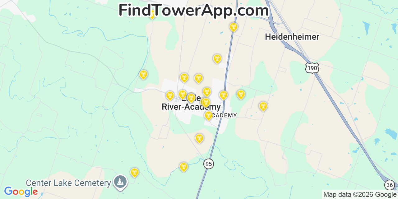 Map showing the 20 primary cell tower locations detected in Little River Academy, Texas from AT&T, Verizon, and T-Mobile networks