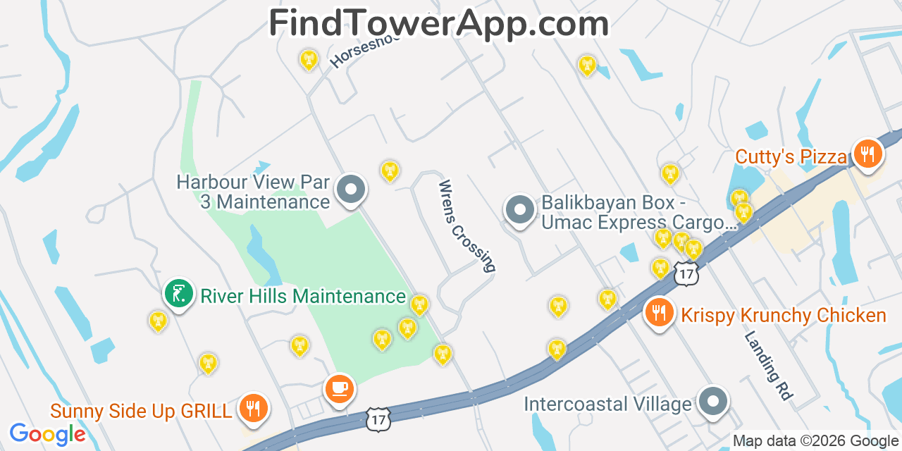Map showing the 20 primary cell tower locations detected in Little River, South Carolina from AT&T, Verizon, and T-Mobile networks