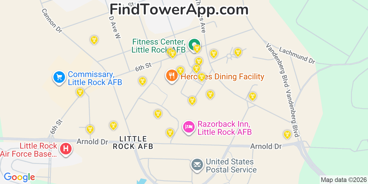 Map showing the 20 primary cell tower locations detected in Little Rock Air Force Base, Arkansas from AT&T, Verizon, and T-Mobile networks