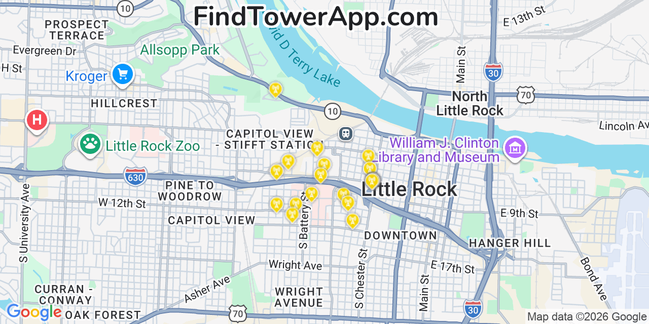 Map showing the 20 primary cell tower locations detected in Little Rock, Arkansas from AT&T, Verizon, and T-Mobile networks