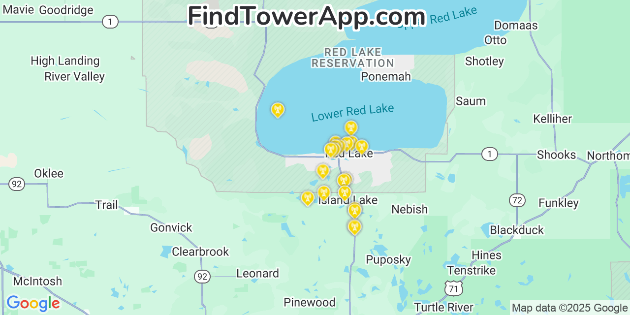 Map showing the 20 primary cell tower locations detected in Little Rock, Minnesota from AT&T, Verizon, and T-Mobile networks