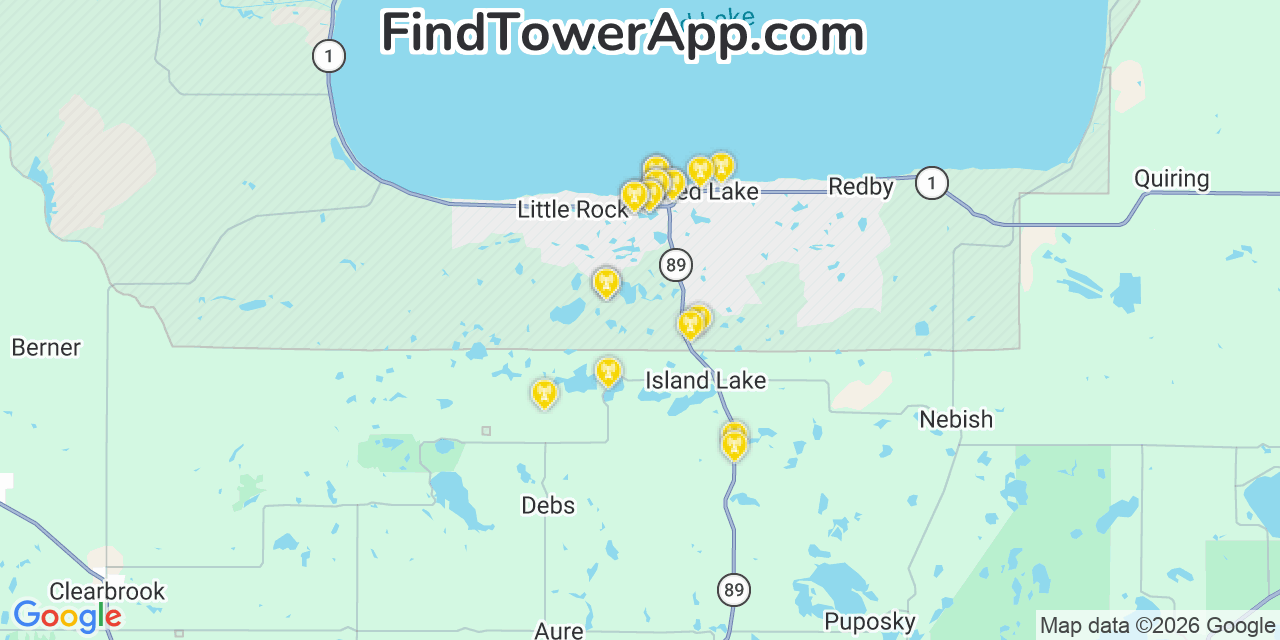 Map showing the 20 primary cell tower locations detected in Little Rock, Minnesota from AT&T, Verizon, and T-Mobile networks