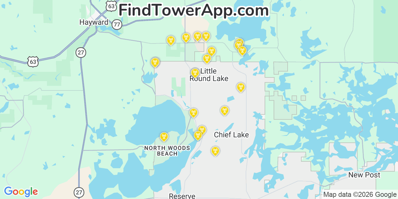 Map showing the 20 primary cell tower locations detected in Little Round Lake, Wisconsin from AT&T, Verizon, and T-Mobile networks