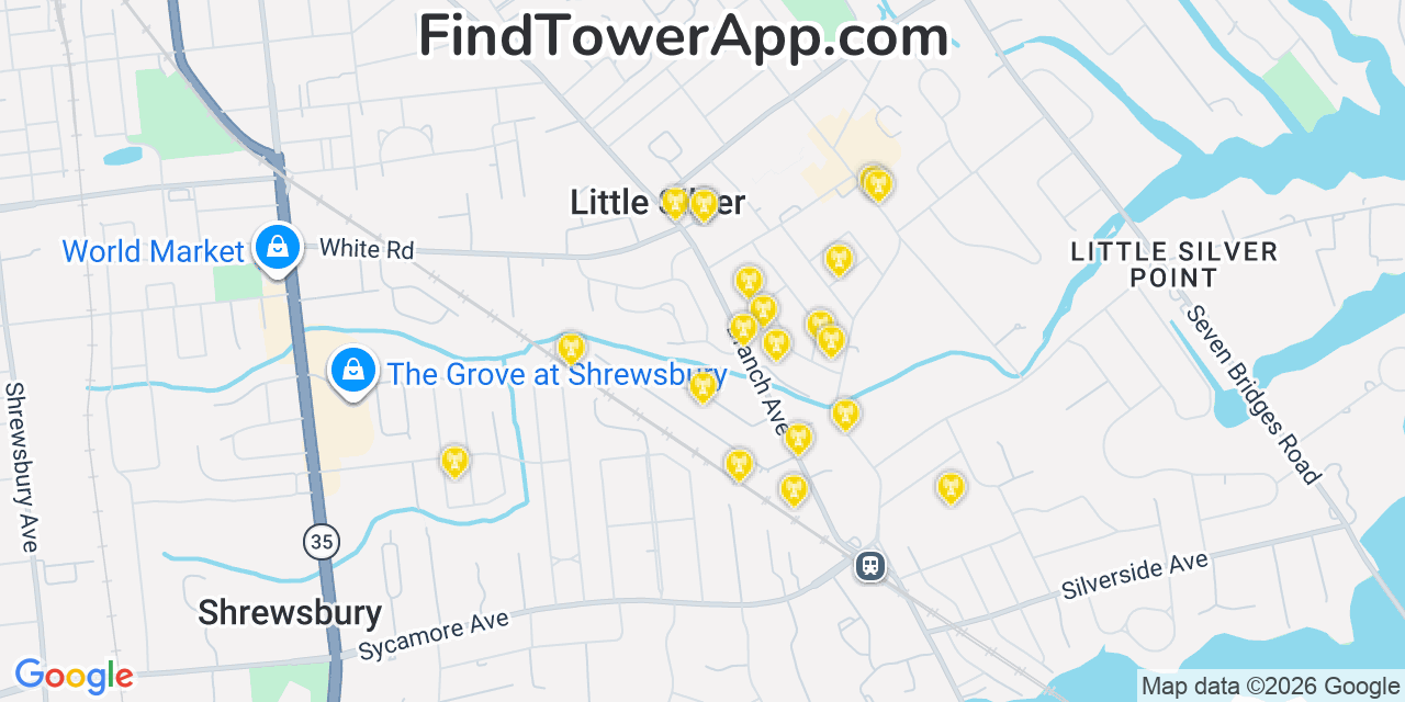 Map showing the 20 primary cell tower locations detected in Little Silver, New Jersey from AT&T, Verizon, and T-Mobile networks