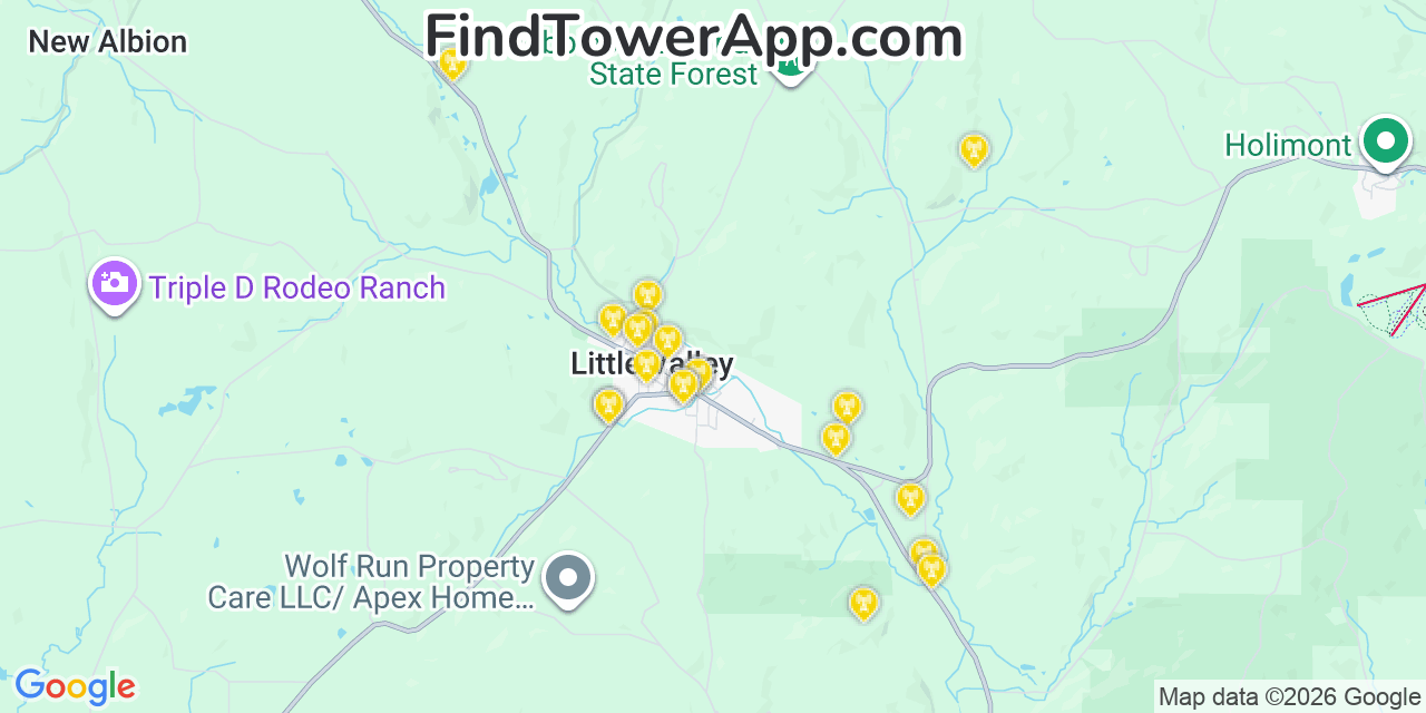 Map showing the 20 primary cell tower locations detected in Little Valley, New York from AT&T, Verizon, and T-Mobile networks