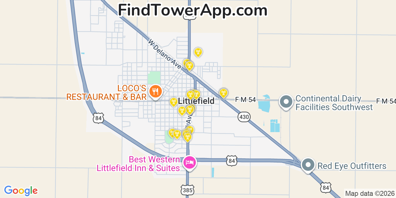 Map showing the 20 primary cell tower locations detected in Littlefield, Texas from AT&T, Verizon, and T-Mobile networks