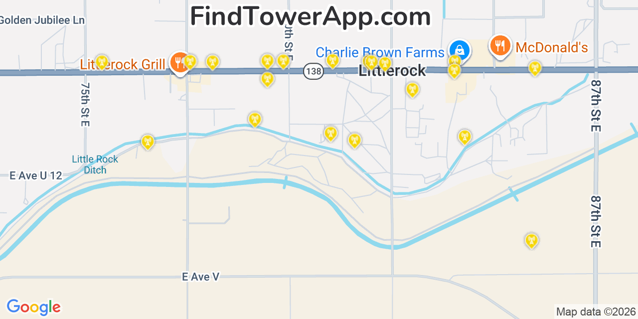 Map showing the 20 primary cell tower locations detected in Littlerock, California from AT&T, Verizon, and T-Mobile networks