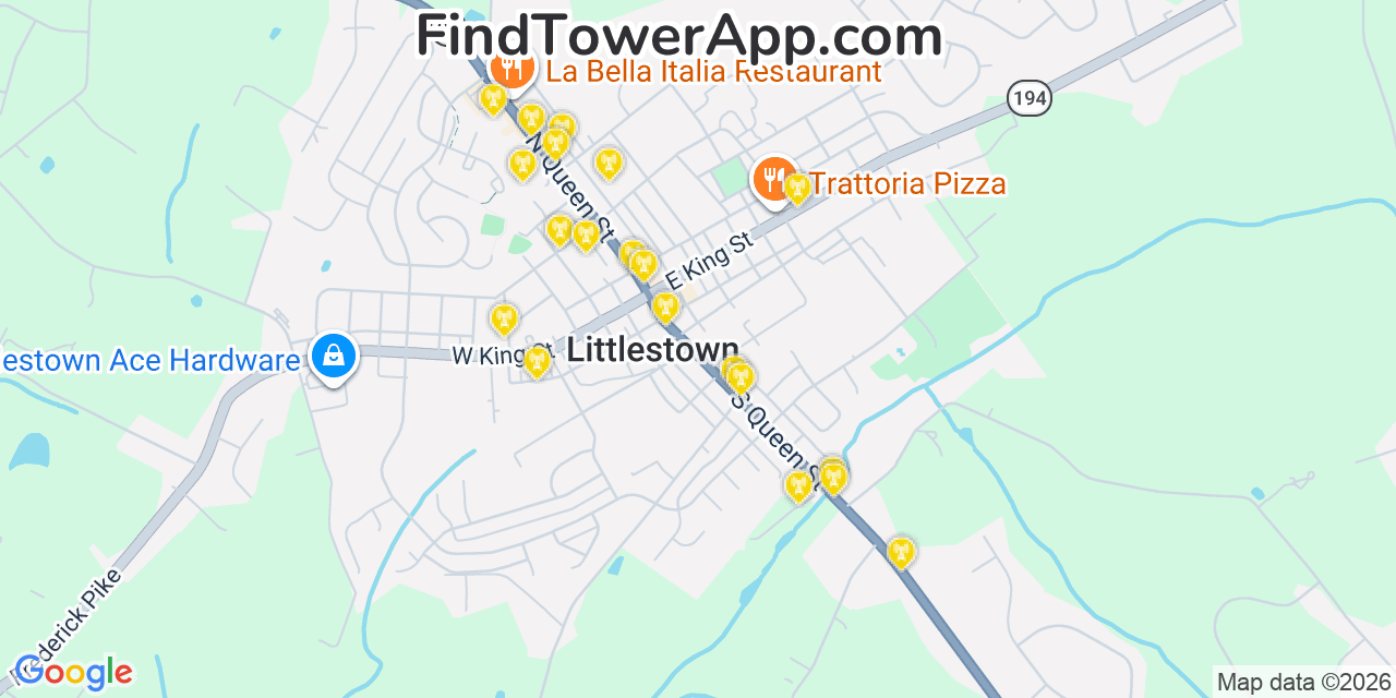 Map showing the 20 primary cell tower locations detected in Littlestown, Pennsylvania from AT&T, Verizon, and T-Mobile networks