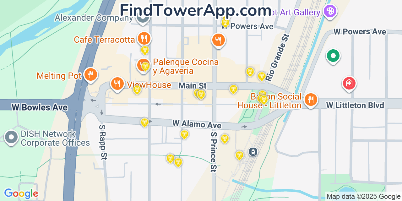 Map showing the 20 primary cell tower locations detected in Littleton, Colorado from AT&T, Verizon, and T-Mobile networks