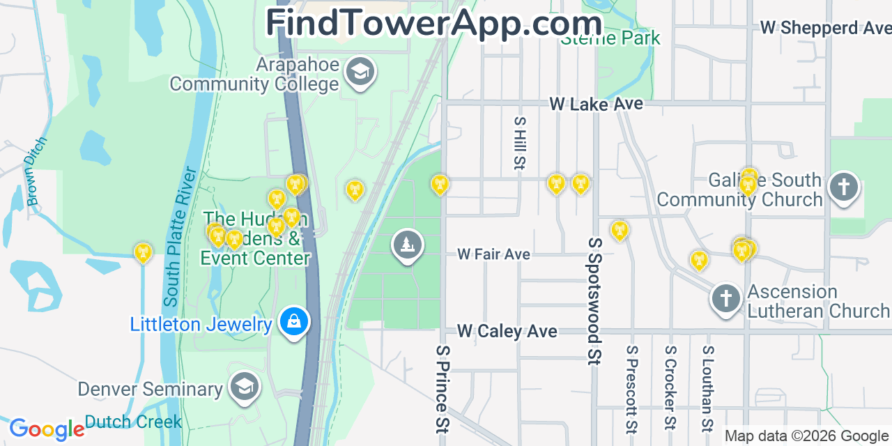 Map showing the 20 primary cell tower locations detected in Littleton, Colorado from AT&T, Verizon, and T-Mobile networks