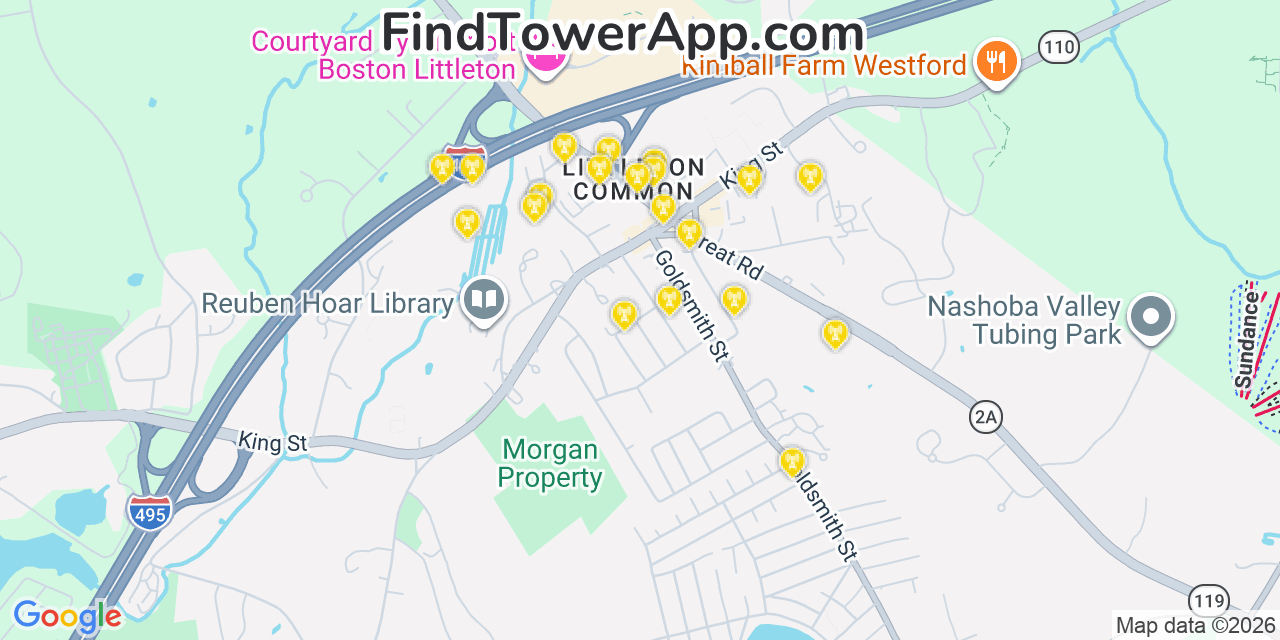 Map showing the 20 primary cell tower locations detected in Littleton Common, Massachusetts from AT&T, Verizon, and T-Mobile networks