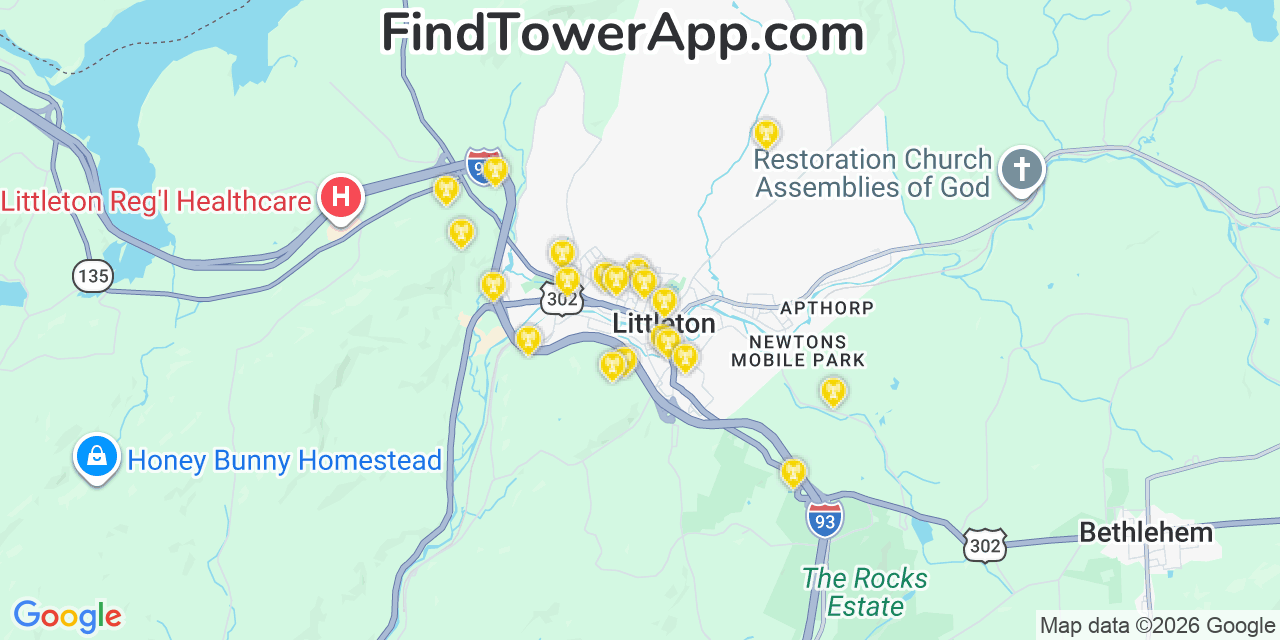 Map showing the 20 primary cell tower locations detected in Littleton, New Hampshire from AT&T, Verizon, and T-Mobile networks