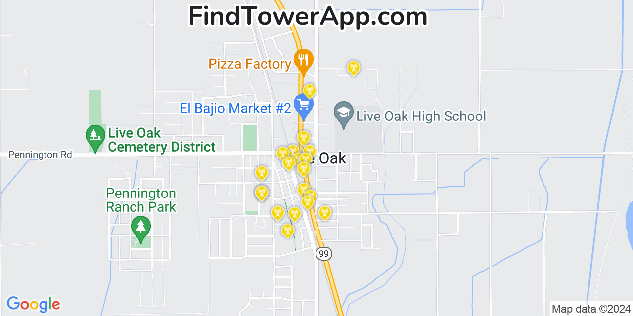 AT&T 4G/5G cell tower coverage map Live Oak, California