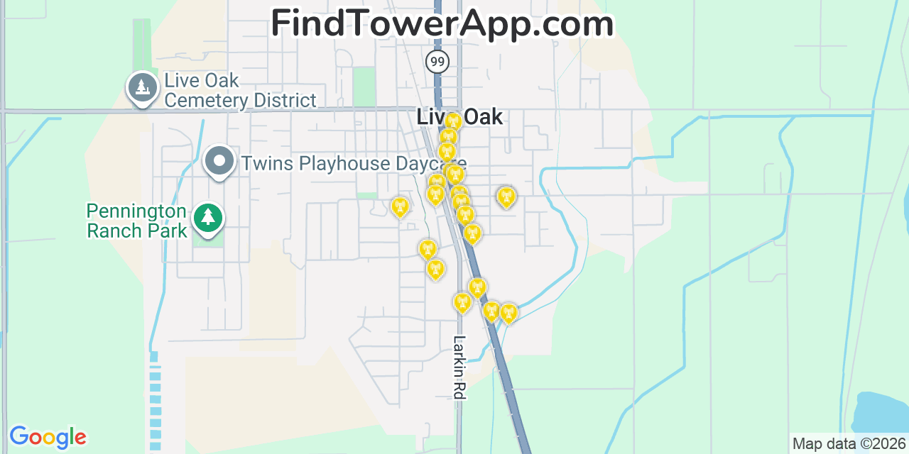 Map showing the 20 primary cell tower locations detected in Live Oak, California from AT&T, Verizon, and T-Mobile networks
