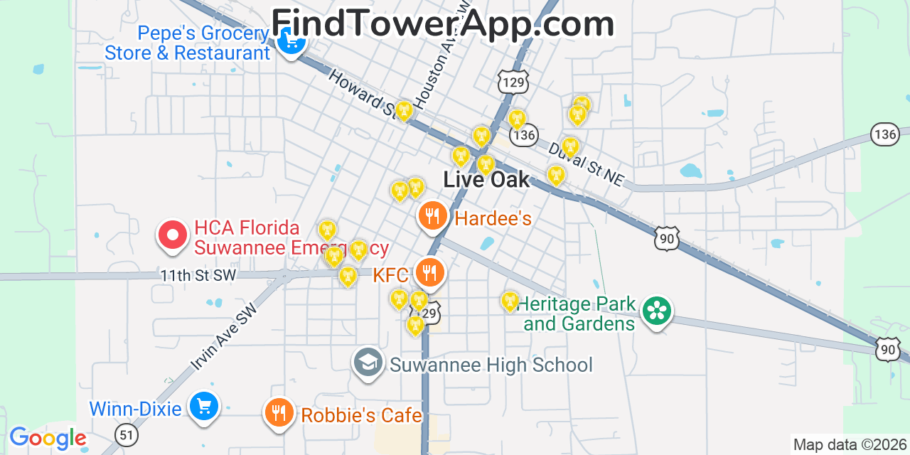 Map showing the 20 primary cell tower locations detected in Live Oak, Florida from AT&T, Verizon, and T-Mobile networks