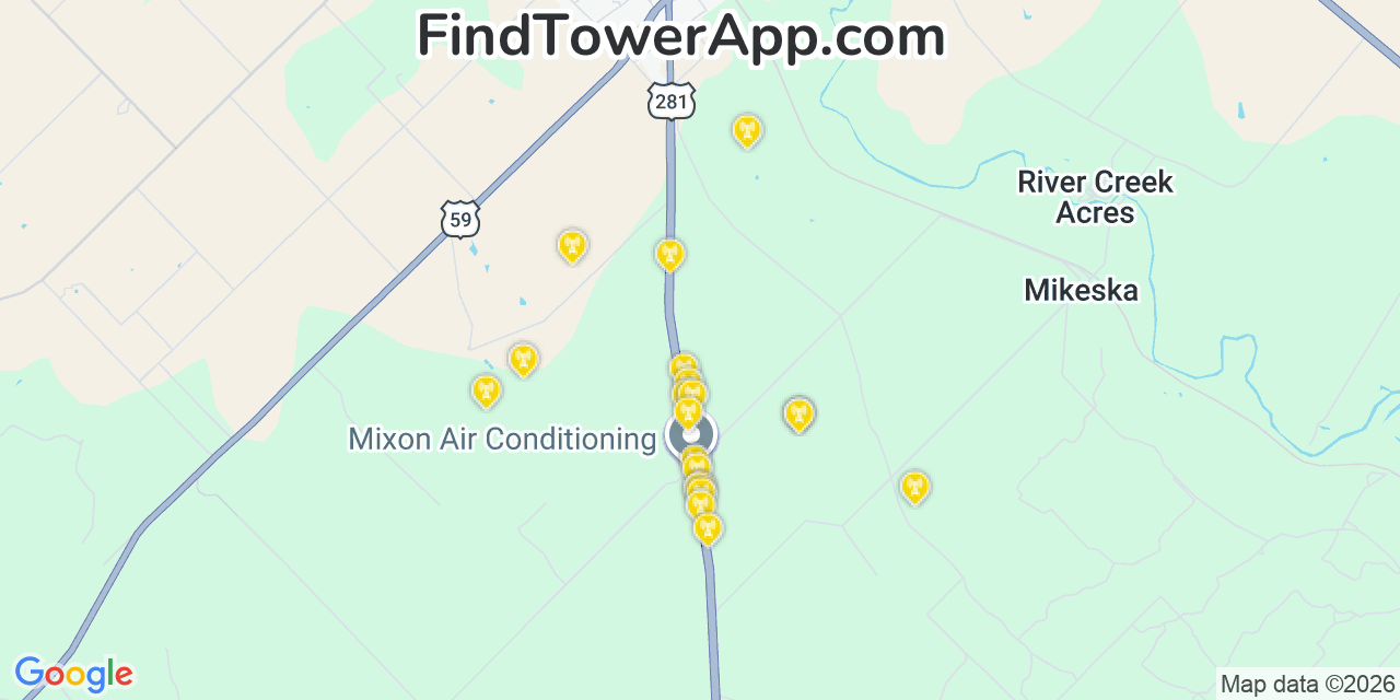 Map showing the 20 primary cell tower locations detected in Live Oak, Texas from AT&T, Verizon, and T-Mobile networks