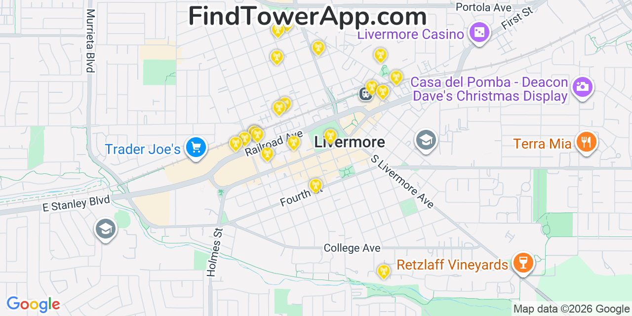 Map showing the 20 primary cell tower locations detected in Livermore, California from AT&T, Verizon, and T-Mobile networks