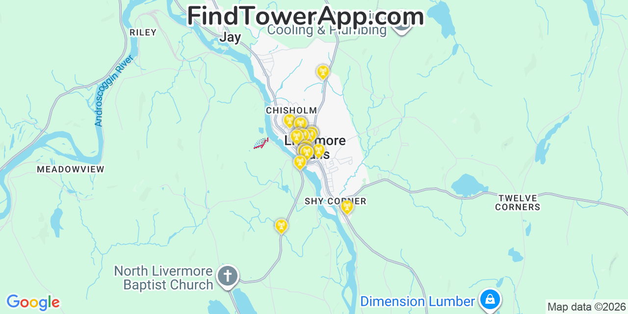 Map showing the 20 primary cell tower locations detected in Livermore Falls, Maine from AT&T, Verizon, and T-Mobile networks