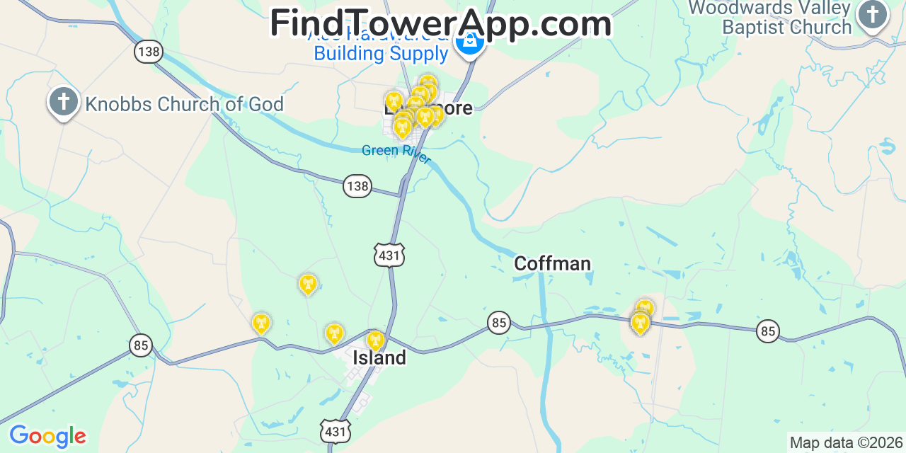 Map showing the 20 primary cell tower locations detected in Livermore, Kentucky from AT&T, Verizon, and T-Mobile networks