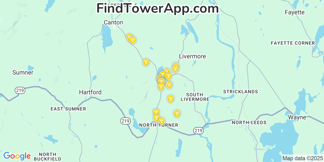 Map showing the 20 primary cell tower locations detected in Livermore, Maine from AT&T, Verizon, and T-Mobile networks