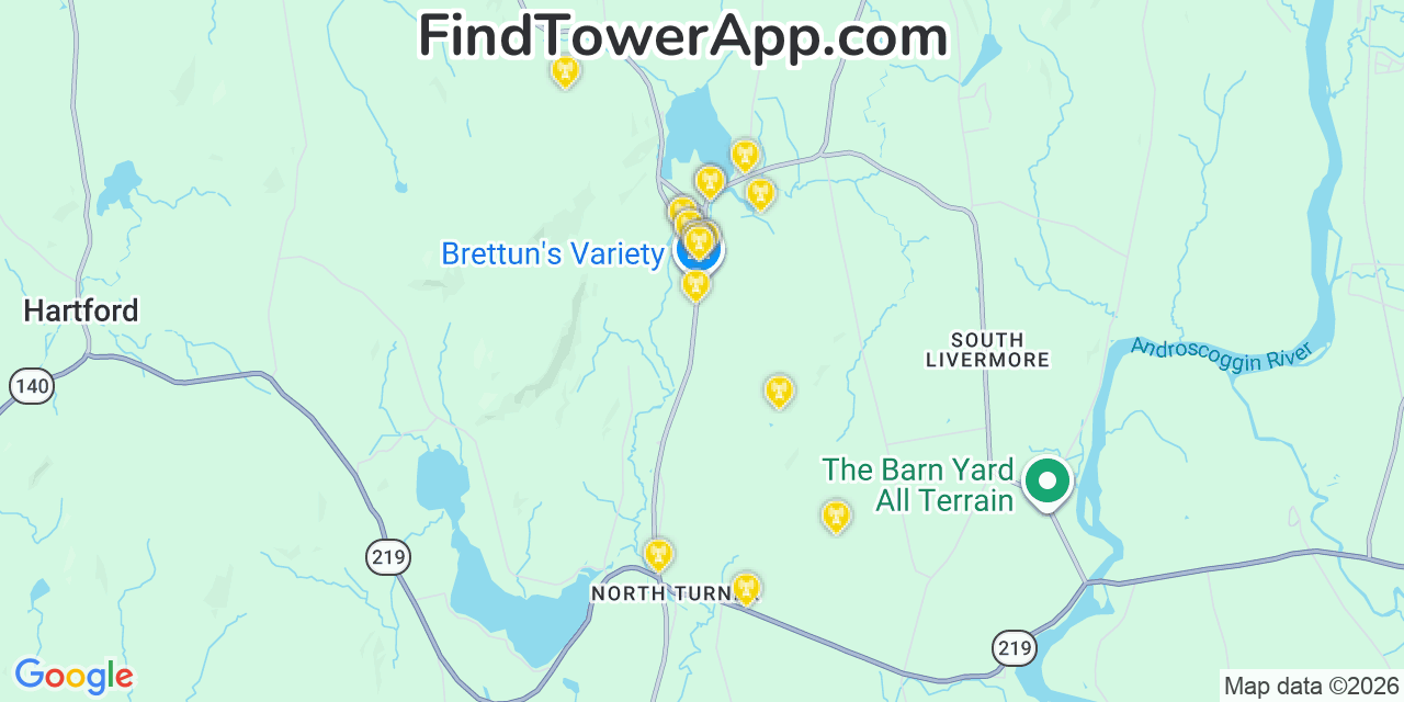 Map showing the 20 primary cell tower locations detected in Livermore, Maine from AT&T, Verizon, and T-Mobile networks