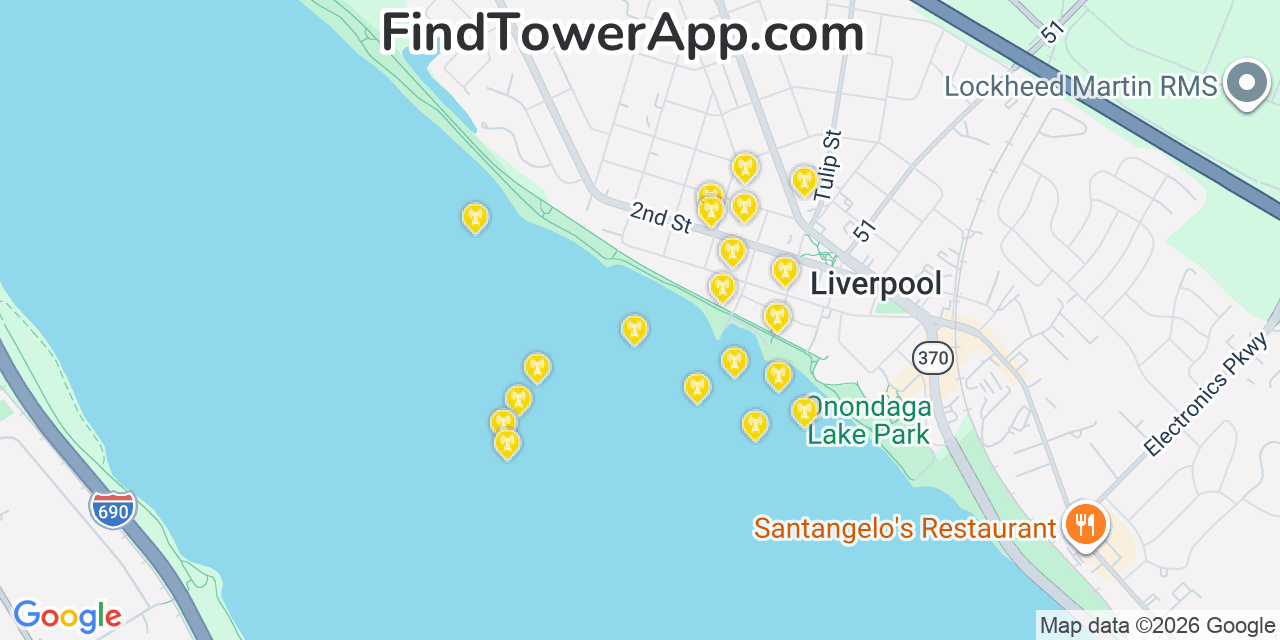 Map showing the 20 primary cell tower locations detected in Liverpool, New York from AT&T, Verizon, and T-Mobile networks