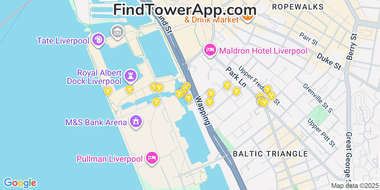 Map showing the 20 primary cell tower locations detected in Liverpool, United Kingdom with coverage areas and signal strength