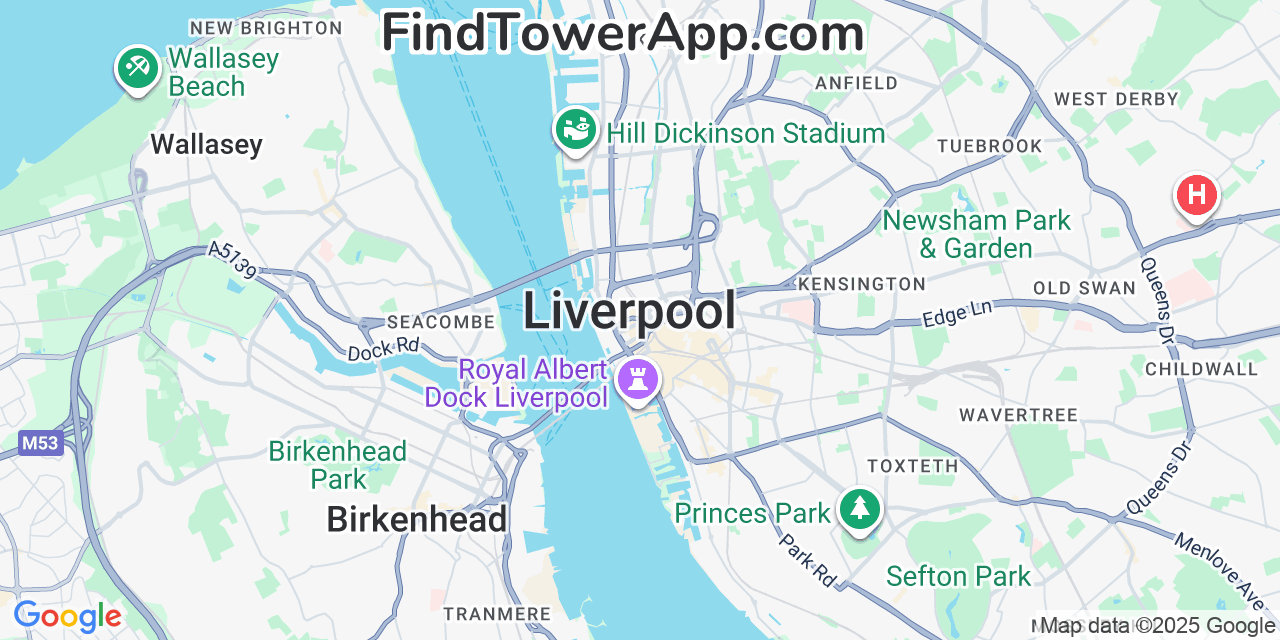 Map showing the 0 primary Talkmobile cell tower locations detected in Liverpool, United Kingdom with coverage radius and signal strength indicators