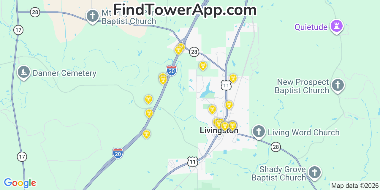 Map showing the 20 primary cell tower locations detected in Livingston, Alabama from AT&T, Verizon, and T-Mobile networks