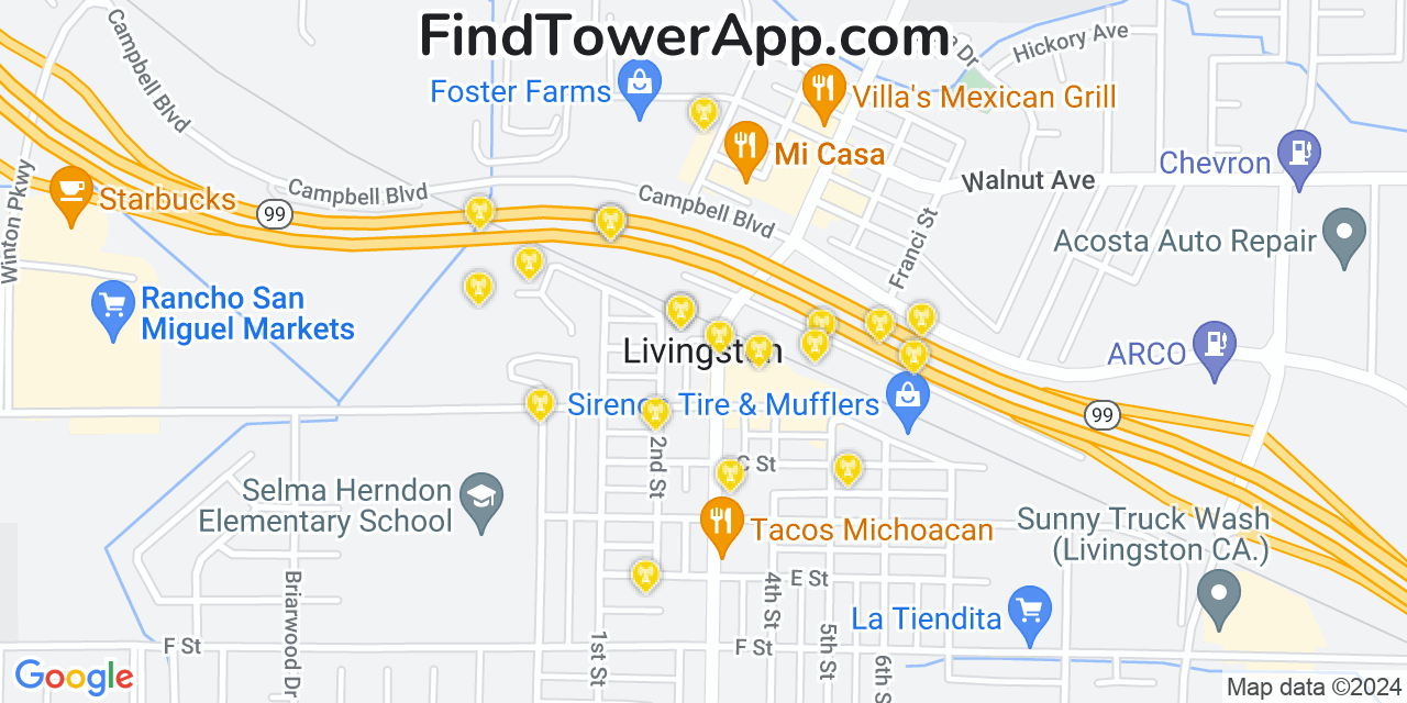 AT&T 4G/5G cell tower coverage map Livingston, California