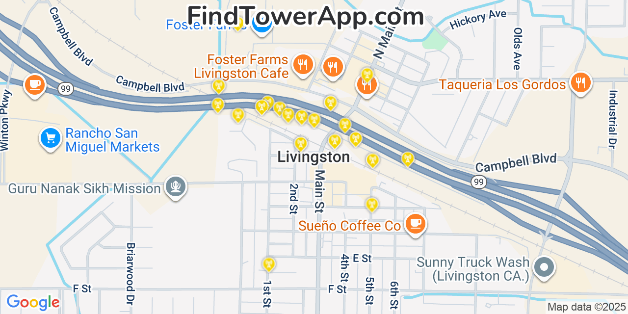 Map showing the 20 primary cell tower locations detected in Livingston, California from AT&T, Verizon, and T-Mobile networks