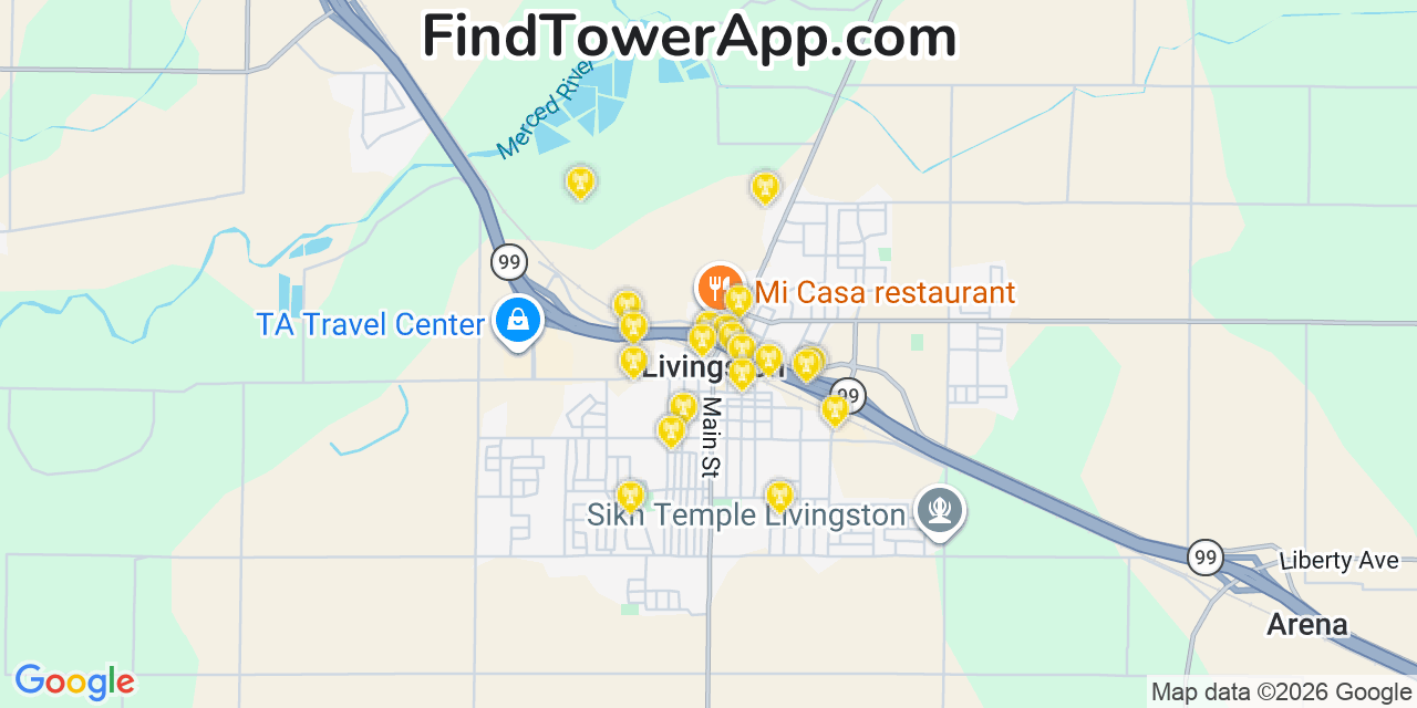 Map showing the 20 primary cell tower locations detected in Livingston, California from AT&T, Verizon, and T-Mobile networks