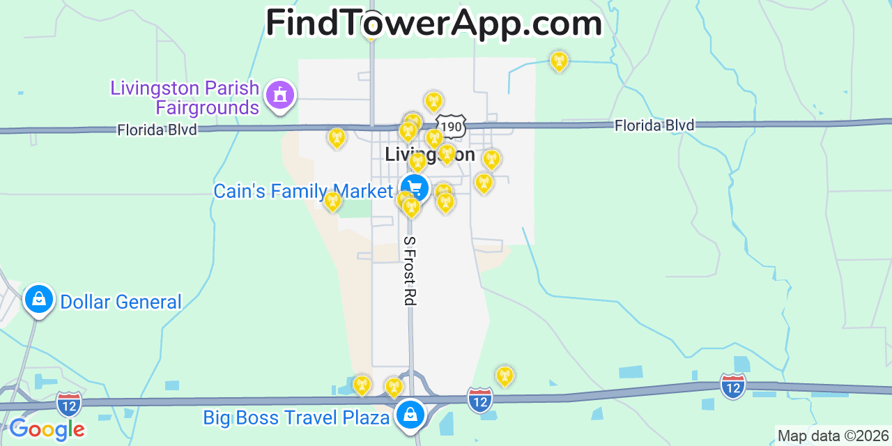 Map showing the 20 primary cell tower locations detected in Livingston, Louisiana from AT&T, Verizon, and T-Mobile networks
