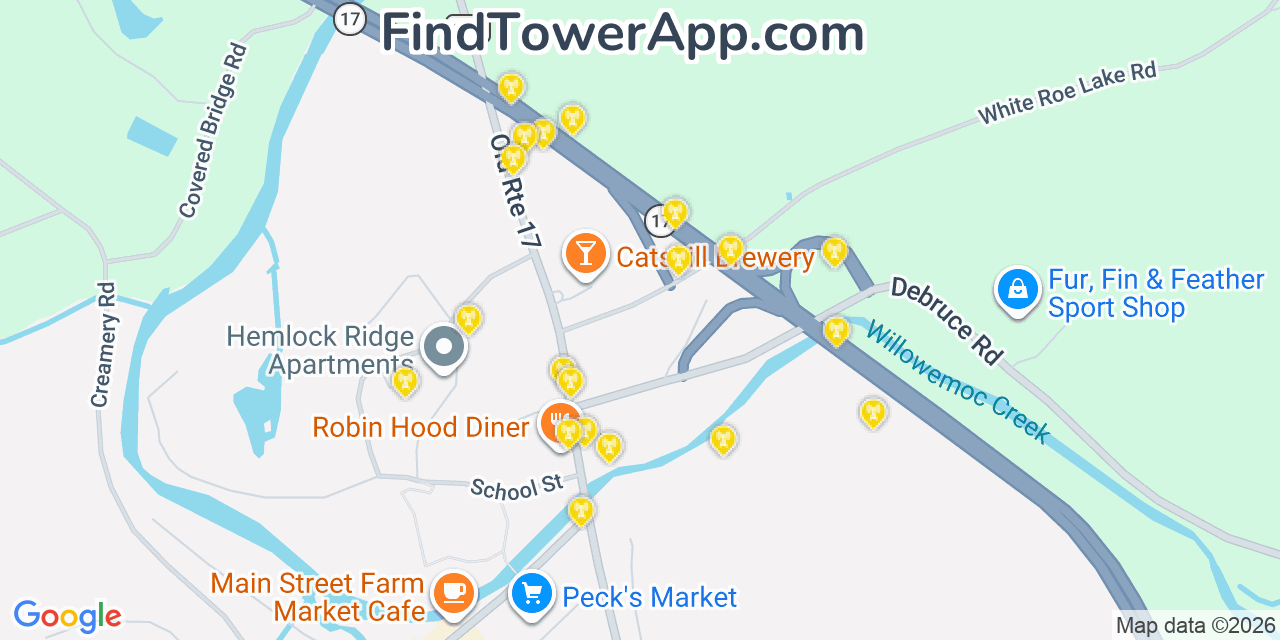 Map showing the 20 primary cell tower locations detected in Livingston Manor, New York from AT&T, Verizon, and T-Mobile networks