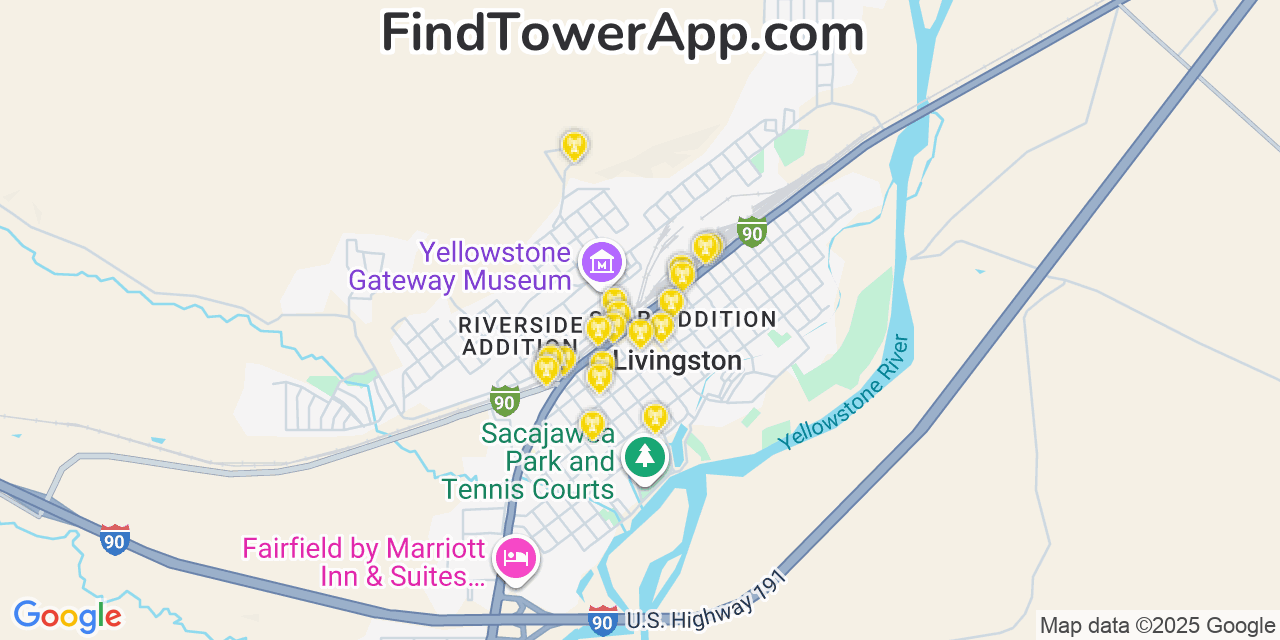 Map showing the 20 primary cell tower locations detected in Livingston, Montana from AT&T, Verizon, and T-Mobile networks