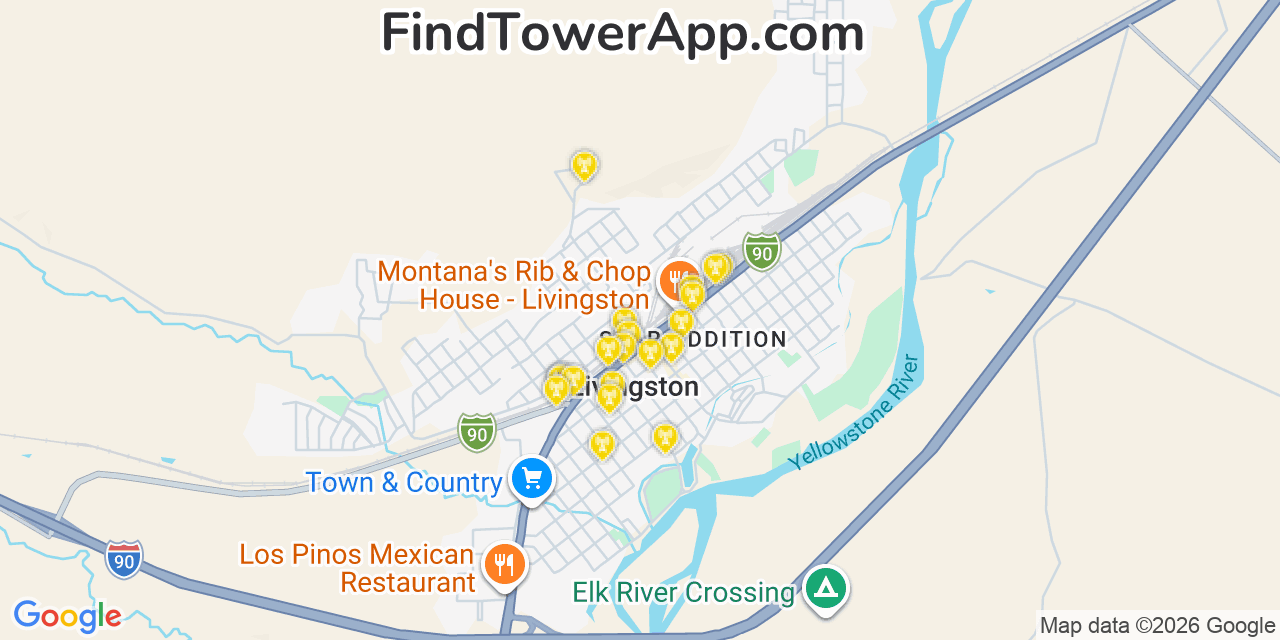 Map showing the 20 primary cell tower locations detected in Livingston, Montana from AT&T, Verizon, and T-Mobile networks