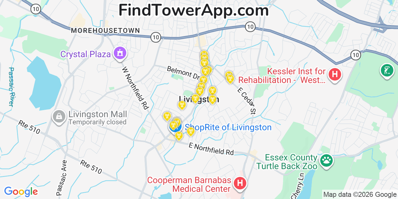 Map showing the 20 primary cell tower locations detected in Livingston, New Jersey from AT&T, Verizon, and T-Mobile networks