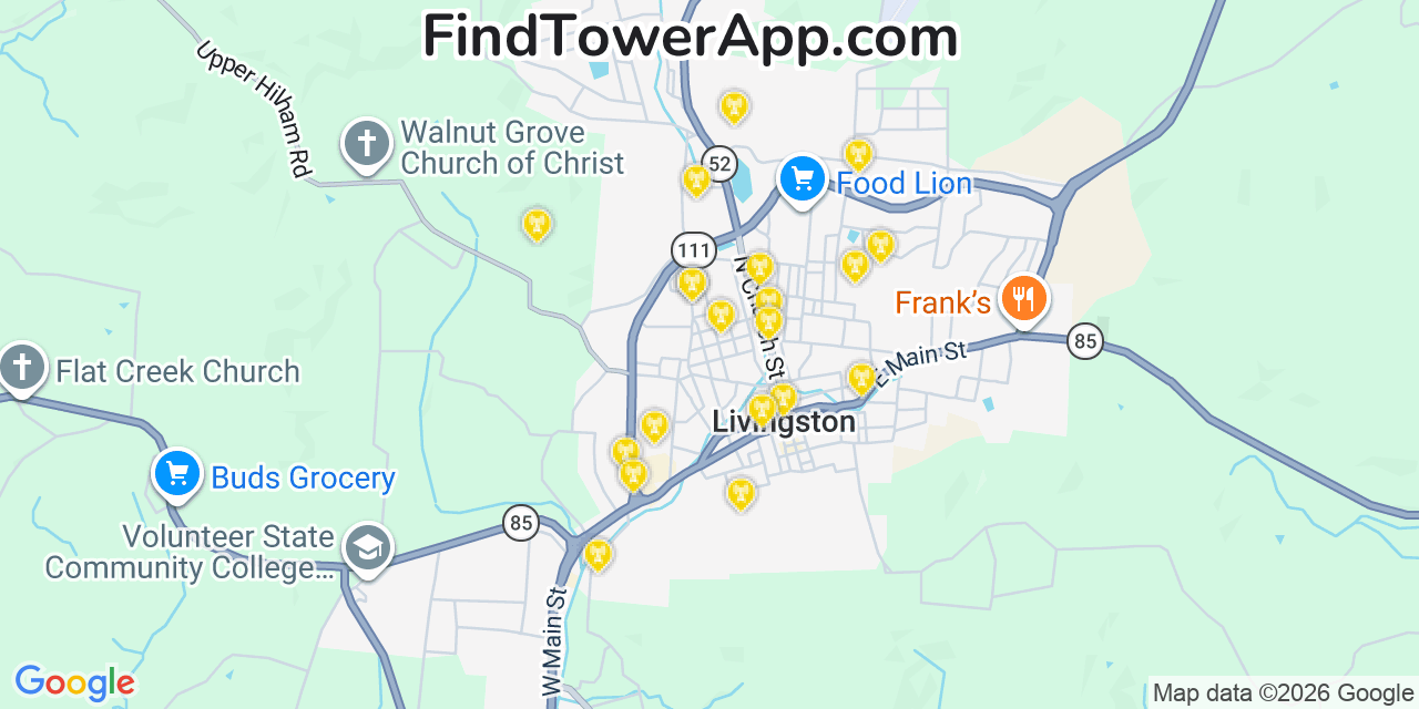 Map showing the 20 primary cell tower locations detected in Livingston, Tennessee from AT&T, Verizon, and T-Mobile networks