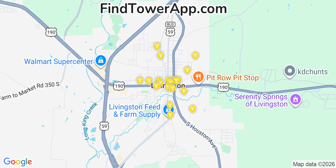 Map showing the 20 primary cell tower locations detected in Livingston, Texas from AT&T, Verizon, and T-Mobile networks