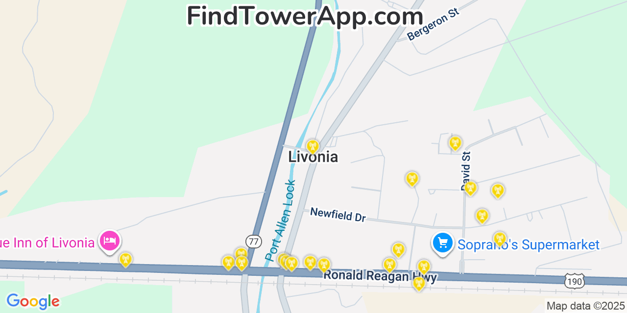 Map showing the 20 primary cell tower locations detected in Livonia, Louisiana from AT&T, Verizon, and T-Mobile networks